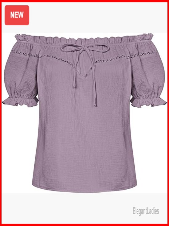 Tops - Off Shoulder Peasant Blouse Puff Sleeve Cotton Summer Loose Fit